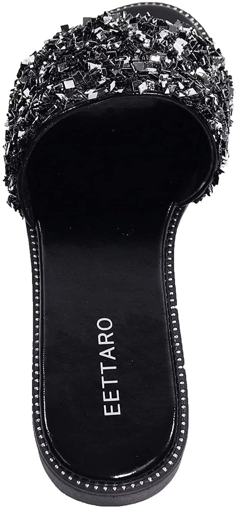 EETTARO Women's Glitter Shiny Slide Sandals Sparkle Fancy Flat Slippers Slip-on Jeweled Shoes
