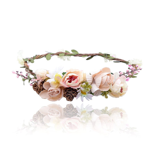 AWAYTR Bohemia Flower Crown Headband - Exquisite Pinecone Leaf Berry Flower Headband Flower Halo Wreath women (Light khaki+Light pink)