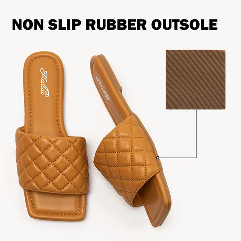 Women's Square Open Toe Flat Sandals Slip On Slide Sandals Woven Strap Flat Sandals
