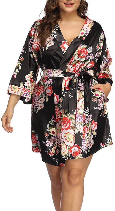 Plus Size Robes for Women Wrap Floral Print Satin Sleep Lounge Kimono Robe