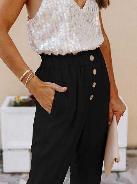 Womens Casual Loose Pants Comfy Cropped Work Pants with Pockets Elastic High Waist Paper Bag Pants