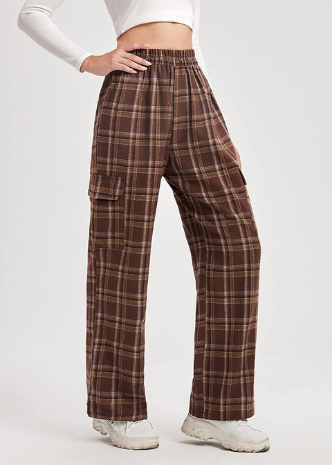 Womens Plaid Casual Pants High Elastic Waist Stripe Lightweight Trousers with Two Flap Pockets