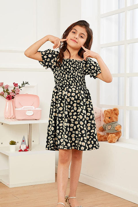 GAMISOTE Girls Floral Dress Puff Sleeve Flowy Smocked A Line Ruffle Summer Sundress