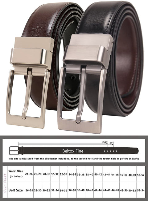Beltox Fine Men's Dress Belt Leather Reversible 1.25" Wide Rotated Buckle Gift Box (28-30, Silver Rotated Buckle)