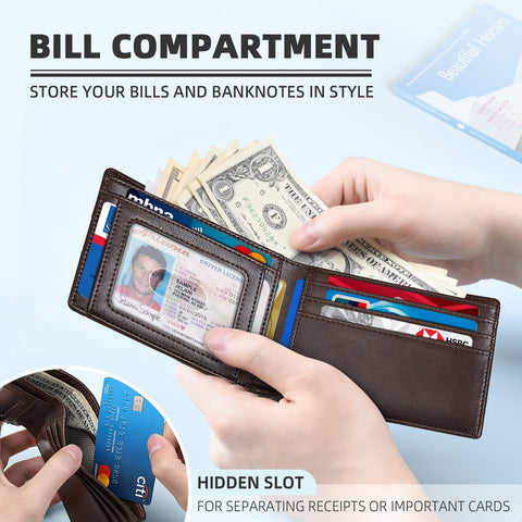 Zitahli Slim Wallet for Men with Bill Pocket, RFID Mens Wallet Front Pocket Wallet Bifold Leather Minimalist Credit Card Holder for Men with Gift Box and ID Window