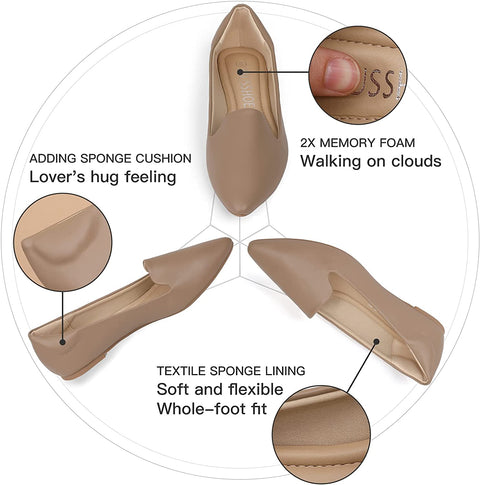 MUSSHOE Ballet Flats for Women Comfortable Women's Flats Memory Foam Slip on Pointed Toe Flats Shoes Women