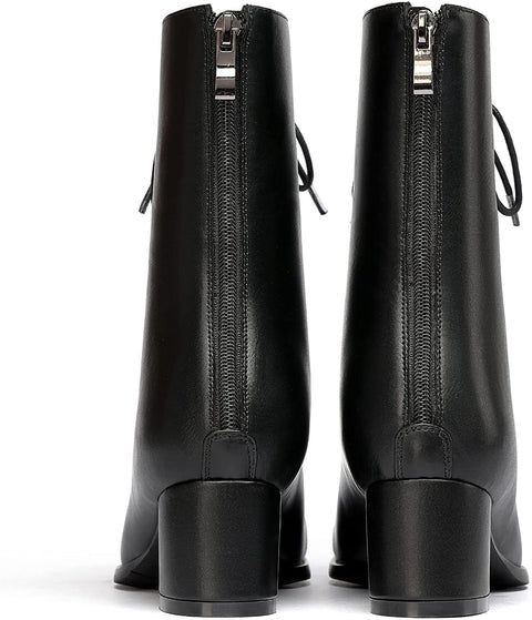 WAYDERNS Women's Square Toe Lace Up Matte Zipper Chunky Low Heel Ankle High Boots Short Booties 2 Inch
