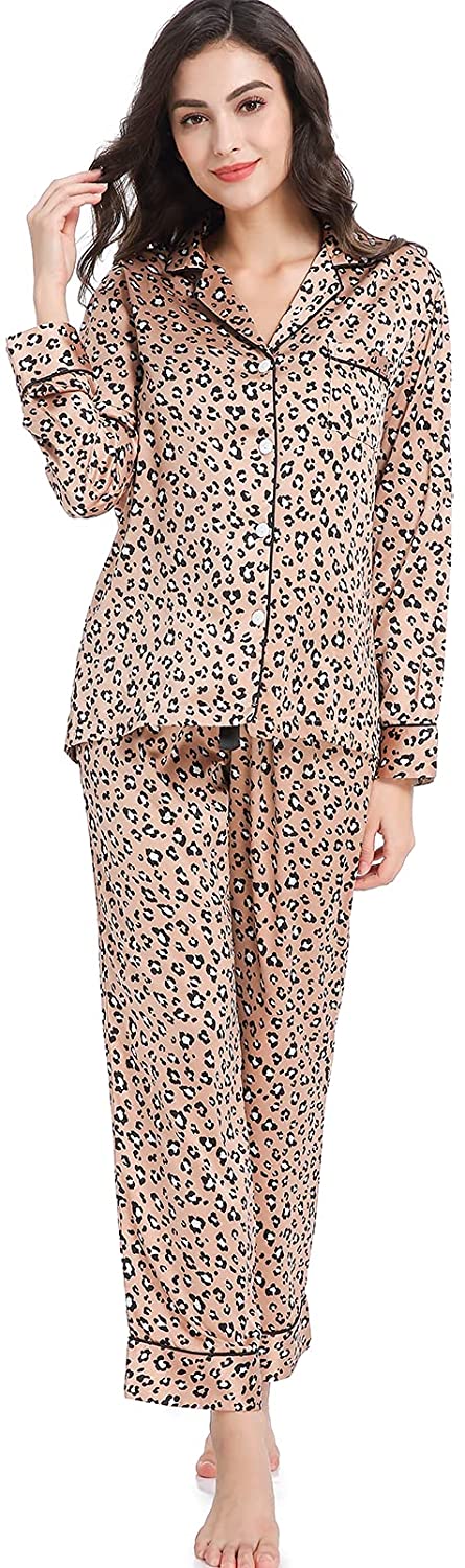 Women's Satin Pajama Set 2-Piece Sleepwear Loungewear Long Sleeve Button Down PJ Set