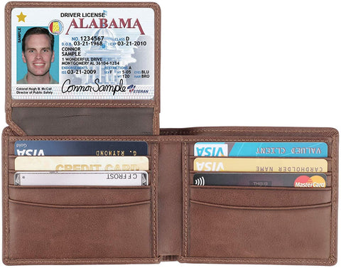RFID Blocking Cowhide Leather Bifold Wallet for Men with 2 ID Windows