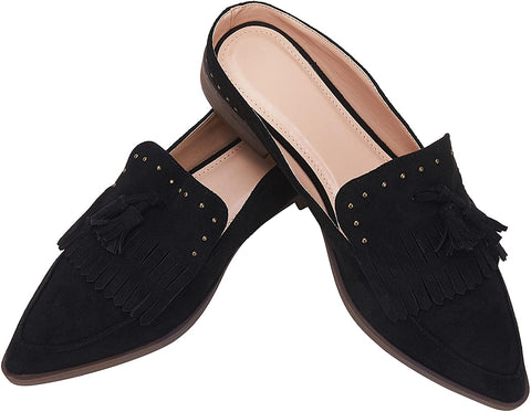 Ruanyu Womens Backless Mules Sandals Flat Pointed Toe Slip On Studded Tassel Comfortable Penny Loafers