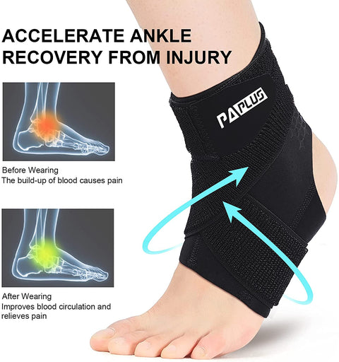PAPLUS Ankle Brace for Men & Women, Ankle Support Foot Brace with Ankle Wrap, Adjustable Strap for Sprained, Volleyball, Sports, Black, Single, Large