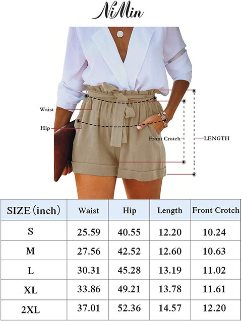 Womens Cotton Linen High Waisted Paper Bag Shorts Lightweight Summer Beach Lounge Shorts with Pockets