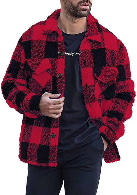 Mens Sherpa Fleece Plaid Jacket Shirt Button up Cozy Plush Shacket Loose Fit Outwear Coat