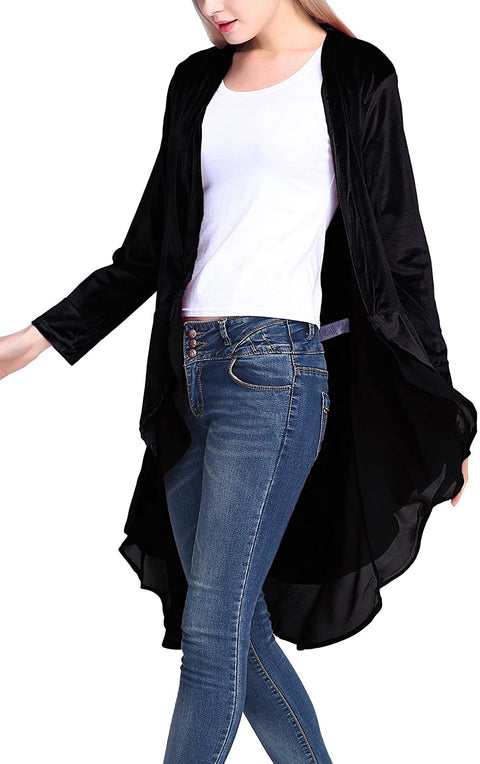 Women's Fashion Open Front Velvet Cardigan Coat with Asymmetric Chiffon Hem