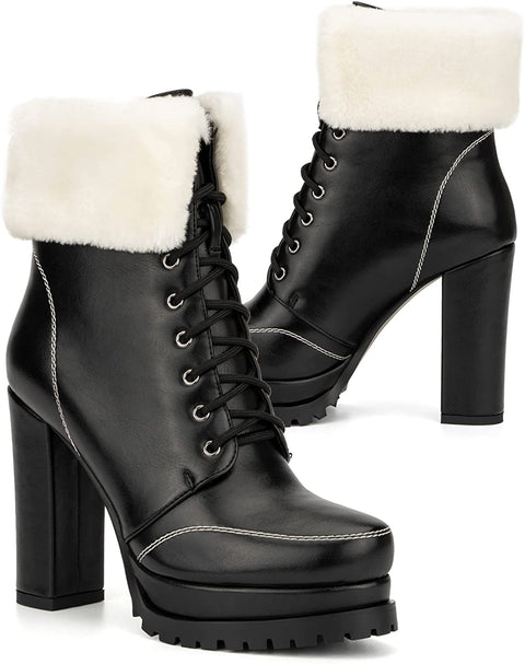 Torgeis Women’s Pearl Fashion Faux Leather Textile, Lace-Up Ankle Chunky Boots, Round Toe, Rubber Outsole