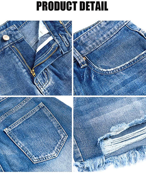 Karlywindow Women's Ripped Jean Shorts Mid Rise Stretchy Frayed Raw Folded Hem Casual Denim Shorts