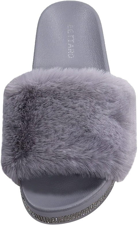 EETTARO Women's Fuzzy Slippers Faux Fur Slides Open Toe Fluffy Platform Sandals Slip on Indoor Outdoor Shoes