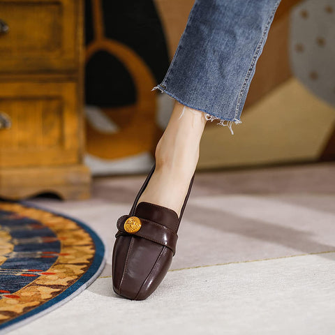 KANGFEINI Suitable for Casual Walking Women's Cute Medallion Square-Headed Shoes Le Fu Flat Bottom Comfortable Japanese Work Shoes