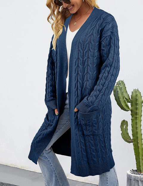 Aoysky Womens Long Sleeve Cable Knit Long Cardigan Open Front Sweater Outerwear