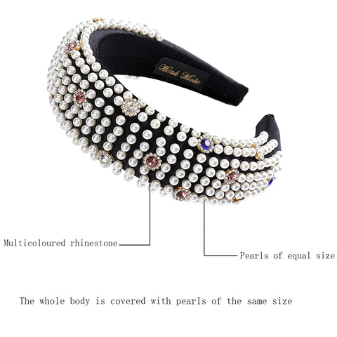 AWAYTR Velvet Padded Pearl Embellished Headband Large Padded Velvet Races Goth Wedding Headpiece for Women (black-1)