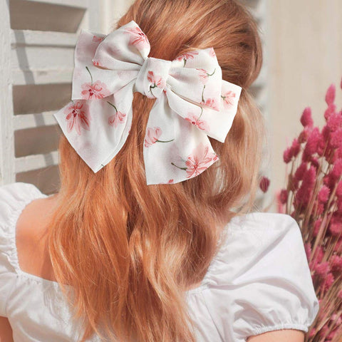 Chiffon Bow Barrettes Hair Clips - AWAYTR 2 Packs Flower Elastic Hair Bow for Women Wedding Party (White+Pink)