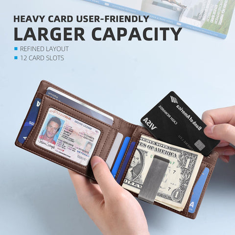 Zitahli Mens Slim Wallet Larger Capacity with 12 Slots RFID Blocking Minimalist Bifold Front Pocket Wallet for Men with ID Window