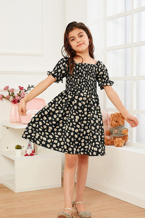 GAMISOTE Girls Floral Dress Puff Sleeve Flowy Smocked A Line Ruffle Summer Sundress