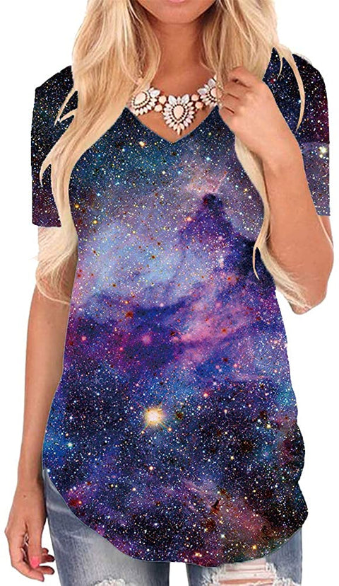 Galaxy T Shirts for Women Space Print Side Slit Curved Hem V Neck T-Shirts
