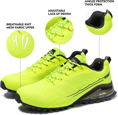 Kricely Men's Women Trail Running Shoes - Non-Slip Hiking Shoes Breathable Walking Footwear Outdoor Road Athletic Sneaker Fluorescent Green