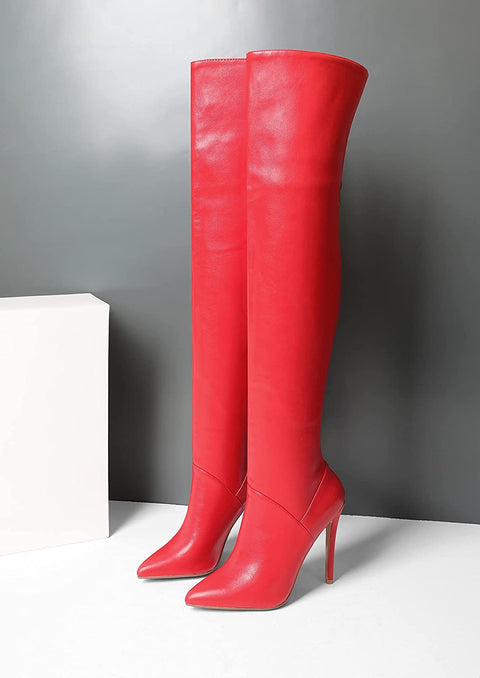 WAYDERNS Women's Thigh Over The Knee Pointed Toe Back Zip Matte Stiletto High Heel Above The Knee Boots 4.5 Inch
