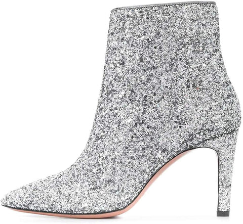 Women Chic Sparkle Glitter Ankle Boots Pencil Heel Zip Up Pointy Toe Fashion Short Booties Size 4-15 US