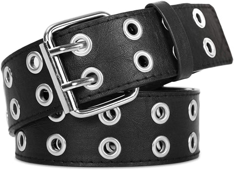 Double Grommet PU Leather Belt for Women/Men Punk metal Jean Belt Wide 1.5 Inch