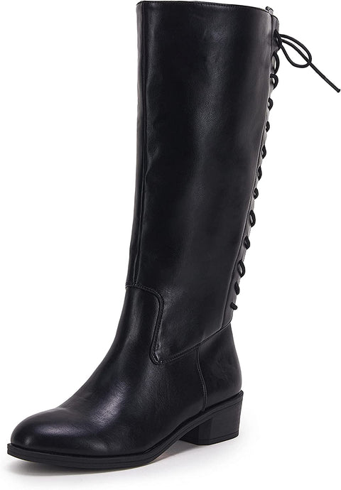 Womens Lace Up Knee High Boots Side Zipper Closed Pointed Boots Zippered Chunky Stacked Mid Heel Shoes