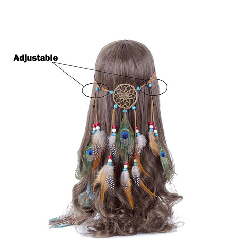 Hippie Headband Feather Dreamcatcher Headdress - AWAYTR Boho Feather Headwear Feather Headpiece Hippie Peacock Feather Festival Hair Band (Brown)