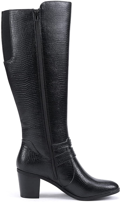 EETTARO Women's Block Mid Heel Boots Knee High Winter Booties Fashion Pointed Toe Elastic Buckle Boot