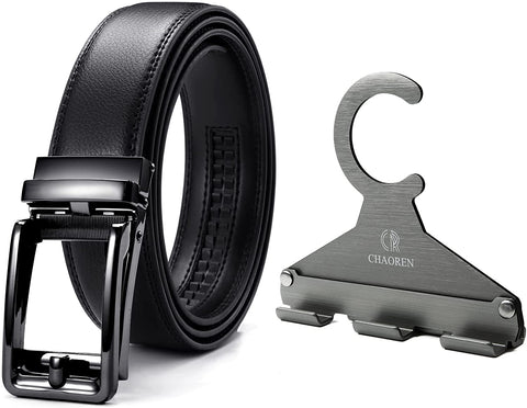 Leather Ratchet Belt and Belt Hanger with Clip - CHAOREN Bundle Set for Men