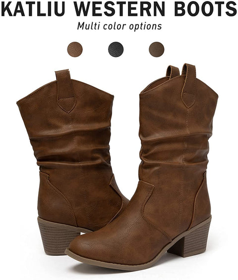 Katliu Women's Western Cowboy Boots Slouchy Chunky Heel Mid-Calf Boots with Pull-Up Tabs