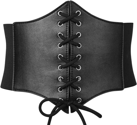 Black Corset Waist Belt for Women, Wide Elastic Tie Waspie Belt for Dresses 4.7inch
