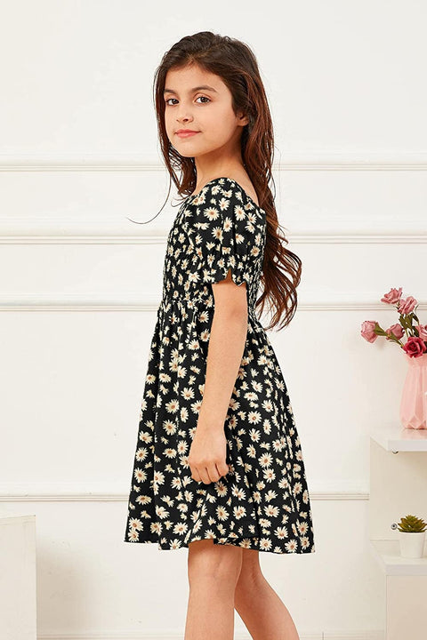 GAMISOTE Girls Floral Dress Puff Sleeve Flowy Smocked A Line Ruffle Summer Sundress