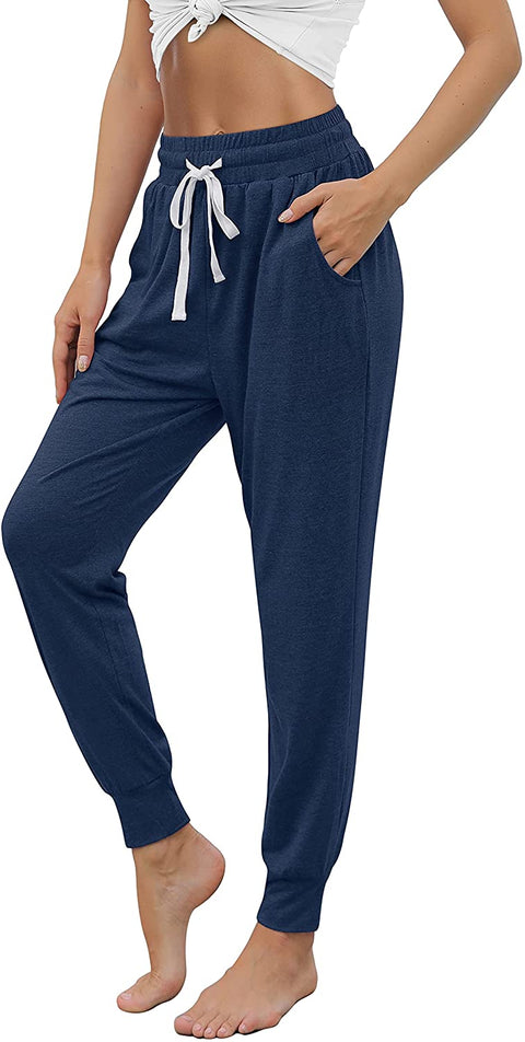 Yoga Pants with Pockets for Women Drawstring High Waisted Pants Loose Workout Joggers Pants Navy Blue Small