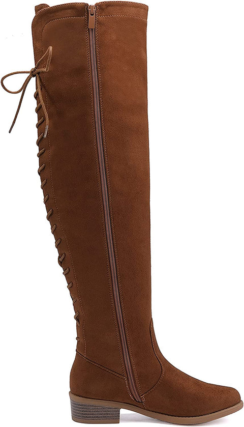 EETTARO Women's Over The Knee Boot Fashion Lace Up Tight High Boots Side Zip Block Heel Riding Booties
