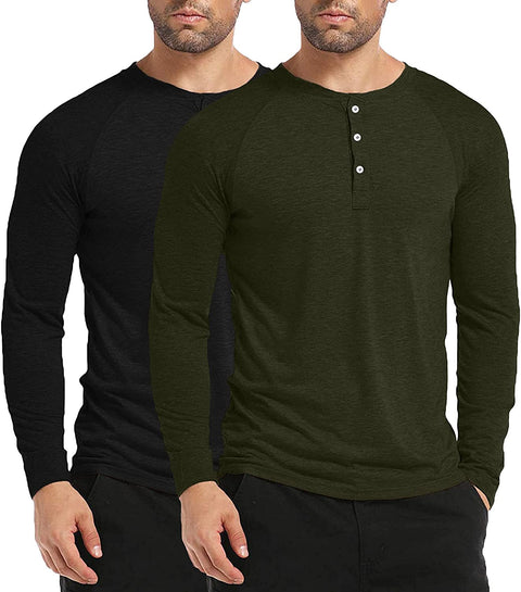 Men's 2 Pack Long Sleeve Tee Shirts Casual Henley Shirts Button T Shirts