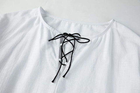 Men's Cotton Linen Henley Shirt Long Sleeve Drawstring Casual V Neck Lace-Up Plain Tops
