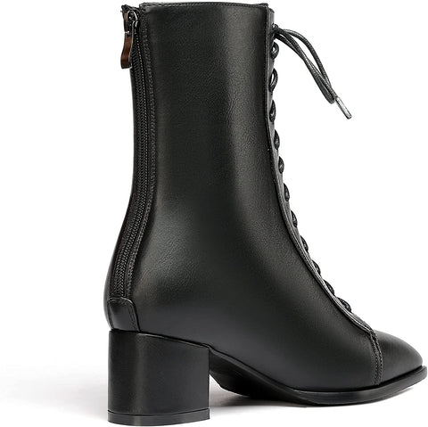 WAYDERNS Women's Square Toe Lace Up Matte Zipper Chunky Low Heel Ankle High Boots Short Booties 2 Inch