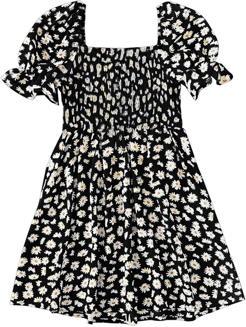 GAMISOTE Girls Floral Dress Puff Sleeve Flowy Smocked A Line Ruffle Summer Sundress