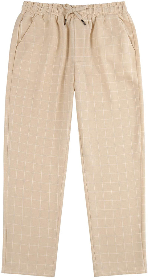 Men Cotton Linen Pajama Pants Elastic Drawstring Waist Sleepwear Plaid Pj Bottoms