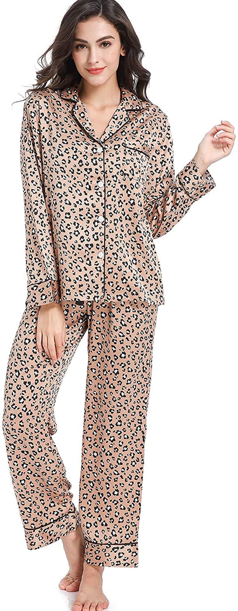 Women's Satin Pajama Set 2-Piece Sleepwear Loungewear Long Sleeve Button Down PJ Set