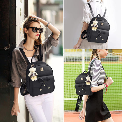Aogist Mini Leather Backpack Purse 3-Pieces Fashion Bowknot Zipper Bags Cute Casual Travel Daypacks for Girls and Women (Black)