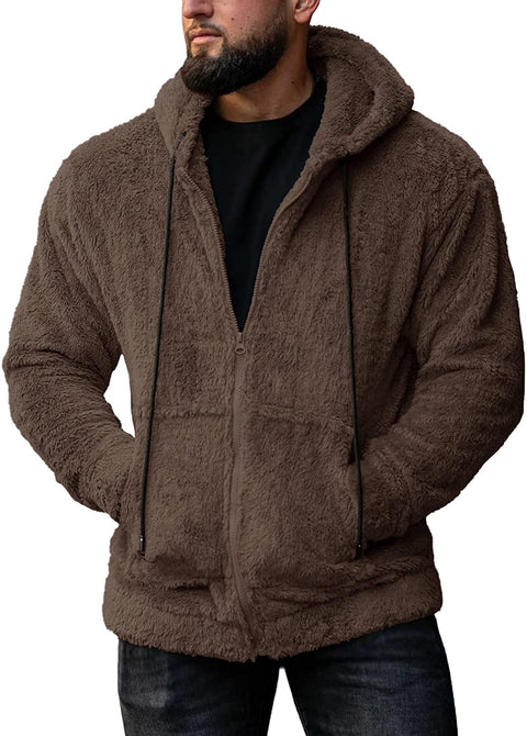 Mens Pullover Hoodie Fluffy Full Zip Sherpa Fleece Sweatshirts Fashion Casual Hooded Winter Warm Outwear with Pockets