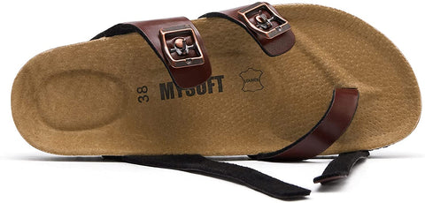 mysoft Women's Cork Footbed Sandal Slip On, Double Buckle Slide Sandals with +Comfort Arch Support